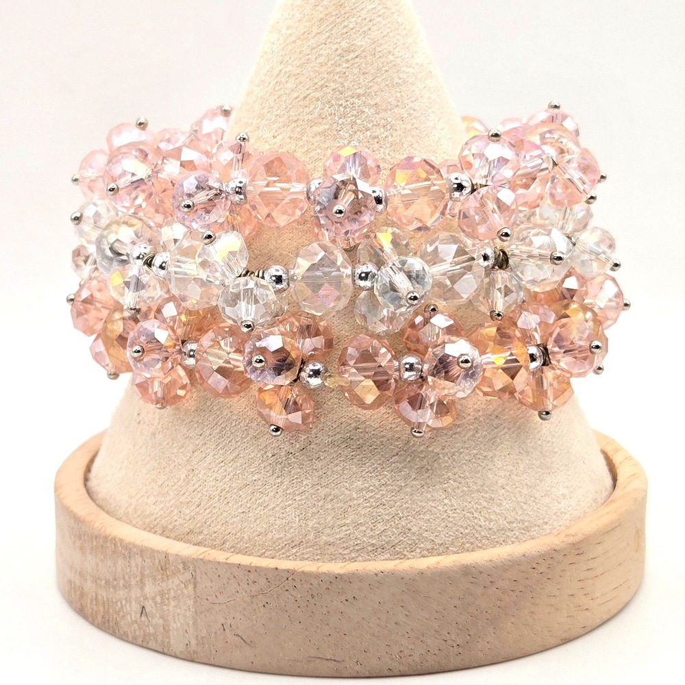 Set of 3 Crystal Bead Stretch Bracelets Faceted Pink Clear AB Floral Cluster